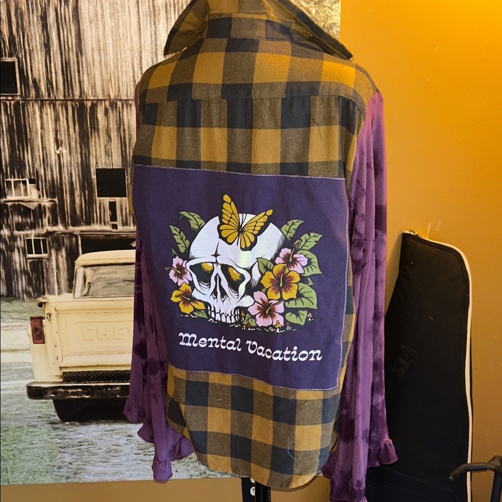 Upcycled flannel Shirt with added bell sleeves Skull and Floral Design
